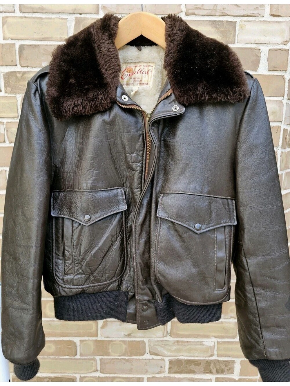 Vintage Excelled USA Made Leather Bomber Flight Jacket Mens 44 Brown Sherpa